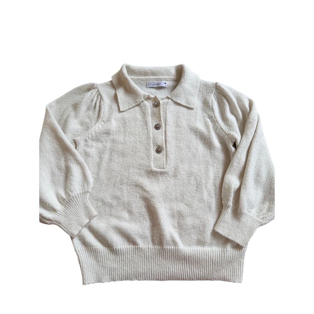 Reserved Cream Jeweled Button Puff Sleeve Knit Sweater S